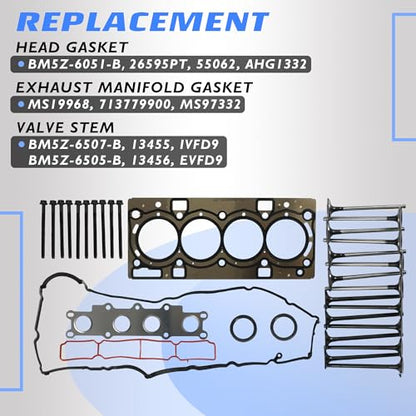 Head Gasket Set w/Head Bolts Timing Belt Tensioner w/Water Pump Intake & Exhaust Valve For Ford Escape Fiesta Fusion Transit Connect 1.6L 2013-2018 TCKWP343A HS55062 7S7Z-8501-C WP343K1A