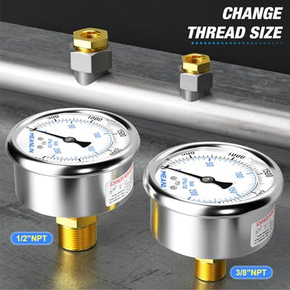 MEANLIN MEASURE 0~3000Psi Stainless Steel 1/4" NPT 2.5" FACE DIAL Liquid Filled Pressure Gauge WOG Water Oil Air Center Back Mount, with 1/2" NPT and 3/8" NPT Hex Bushing - size: 0-3000Psi