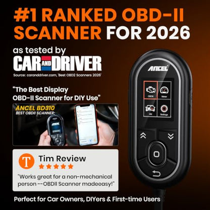 ANCEL BD310 Bluetooth OBD2 Scanner, 2-in-1 Car Diagnostic Scan Tool & Code Reader with App, Battery Test, Trip Analysis, Performance Test, for iPhone & Android, All 1996+ Vehicles