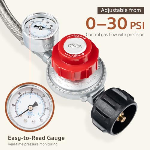 GASPRO 0-30 PSI Adjustable High Pressure Propane Regulator with Gauge, 5-Foot Stainless Braided Hose with 3/8 Flare x 1/8 MNPT, Perfect for LP Gas Cooker, Turkey Fryer, Gas Burner, Fire Pit - size: 5FT&Adater