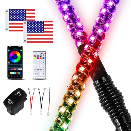 2 Pack 4FT Whip Lights with Spring Base, LED Whip Light with App & Remote Control, Spiral RGB Chasing Lighted Whips with Rocker Switch, Music Whip Light for UTV ATV - size: 4FT (2 Pack)