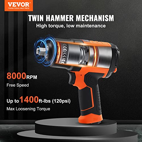 VEVOR 1/2-Inch Air Impact Wrench - High Torque 1400 ft-lbs - Lightweight 4.6 lb - Includes 11-Piece CR-V Steel Impact Socket Set & Carrying Case - size: 7*7.3inches