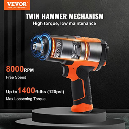 VEVOR 1/2-Inch Air Impact Wrench - High Torque 1400 ft-lbs - Lightweight 4.6 lb - Includes 11-Piece CR-V Steel Impact Socket Set & Carrying Case - size: 7*7.3inches