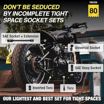 TIGHTSPOT 1/4" Drive 80pc Impact Socket MASTER SET, our Most Complete Set Ever with SAE & Metric from 3/16 Inch - 9/16 Inch, 4mm - 15mm, Standard/Deep/Universal & Torx & Inverted Torx Sockets & More - size: 1/4” Drive 80pc Impact Socket Set