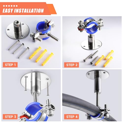 6PCS 304 Stainless Steel Wall Mount Ceiling Mount Pipe Supports,Suitable for OD Pipe 32-34mm,Adjustable Height 50-100mm,Adjustable Pipe Strap Clamp with Screws - color: Adjustable Height 50-100mm, style: 32-34mm
