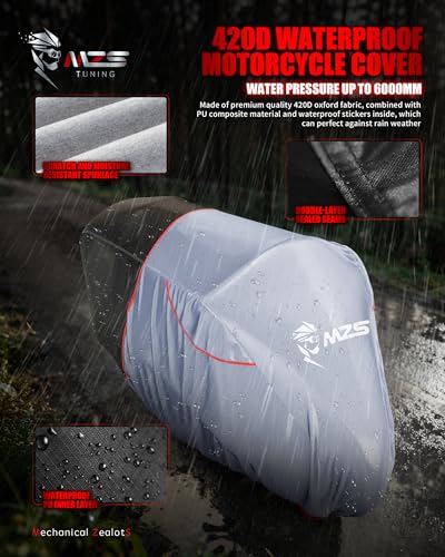MZS Motorcycle Cover Waterproof Outdoor, Heavy Duty All Season Weather Sun Protection with Storage Bag Vents Night Reflective Cotton Lining Lock Holes fits up to 116" Motorcycles Vehicle Covers - size: XXX-Large 116 inches