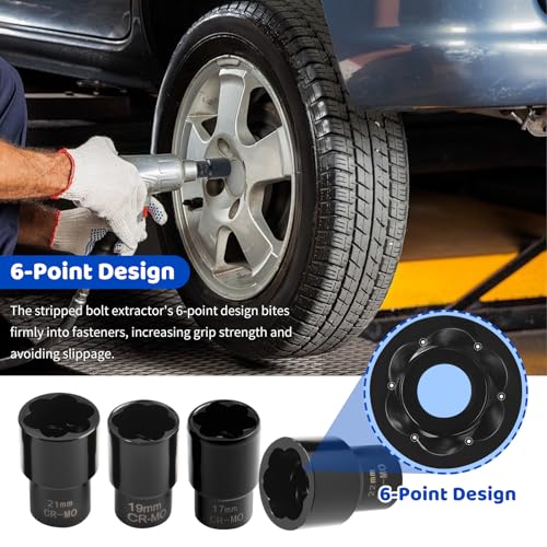 5PCS Locking Lug Nut Removal Tool,17-22mm Wheel Lock Removal Kit with 6 Point Design for Replacing The Nuts,Automotive Tools 1/2" Drive Lug Nut Extractor Set with Center Punch Bar