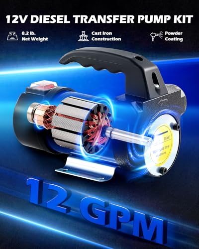 OMT Diesel Transfer Pump Kit, 12V Fuel Transfer Pump Kit with Nozzle Hoses - color: 12GPM Diesel Pump Kit with Case