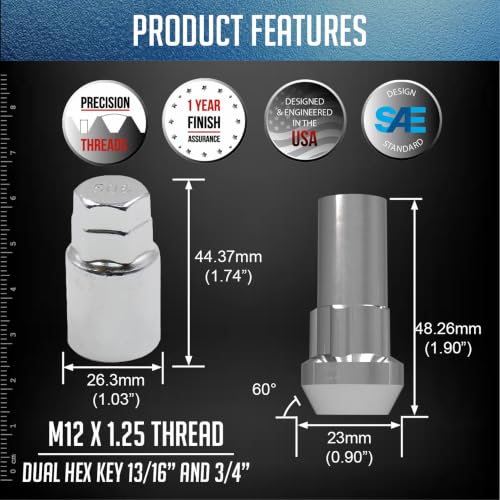 Wheel Accessories Parts 4 Locks + Key M12x1.25 12x1.25 Thread Closed End Bulge 1.90" Long Wheel Lock Chrome Dual Hex Key 13/16" and 3/4" Hex Fits Nissan Trucks Titan (Non XD) - color: Chrome, size: Nissan Trucks Titan (Non XD)
