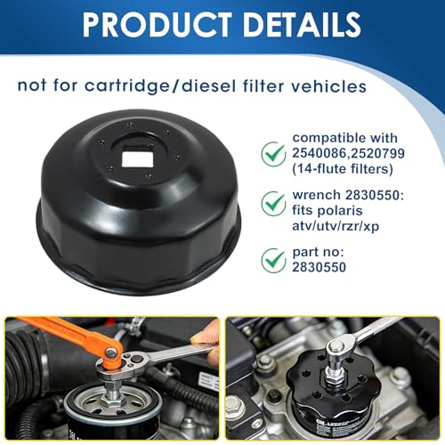 65mm Oil Filter Wrench Socket, 14 Flute 3/8 Inch Drive Oil Filter Removal Tool Replace 2540086 2520799 2830550 Fits Polaris ATV UTV, Chrome Steel Filter Wrench for Motorcycles Cars