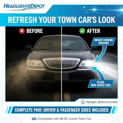 HEADLIGHTSDEPOT Chrome Housing Halogen Headlights Compatible With Lincoln Town Car 1998-2002 Includes Left Driver and Right Passenger Side Headlamps
