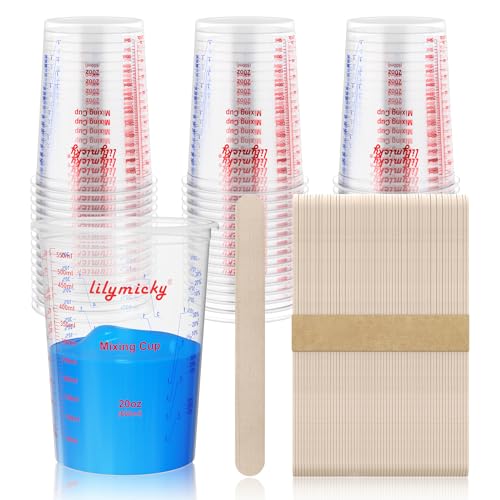 50 Pack Plastic Mixing Cups, 20 oz Measuring Cups with 50 Mixing Sticks