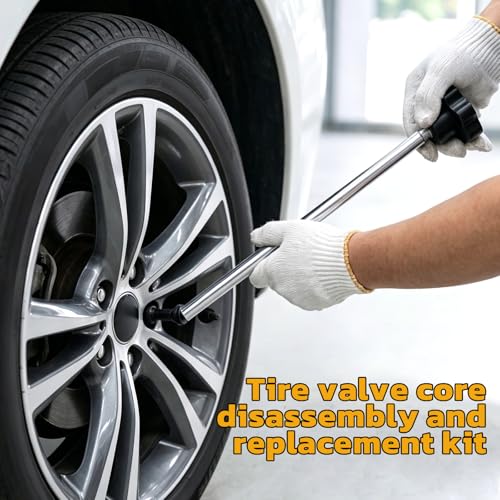 SYOWADA Tire Valve Core Removal Replacement Tool Kit with TR413 Valve Stems, 4-Way Valve Core Removal Tool Kit, for Cars, ATVs, Trucks