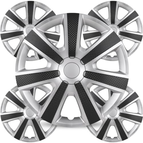 Hubcap Wheel Cover Replacement R15 Hub Caps Universal Wheel Rim Cover Winjet Wheel Covers Car Rims Set of 4 Premium Hubcaps Replacements Fits Most Car Truck SUV(15-Inch, Sliver & Mold Texture) - color: Silver & Black (85-AM-15), size: 15 inch