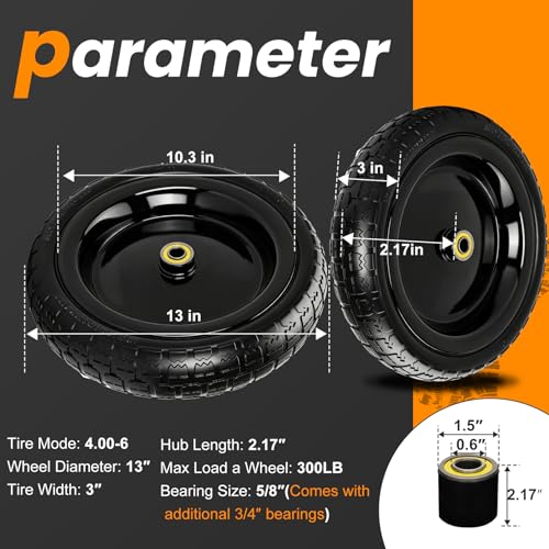 13" Flat Free Wheels Replacement for GOR Garden Cart Tires - color: Black