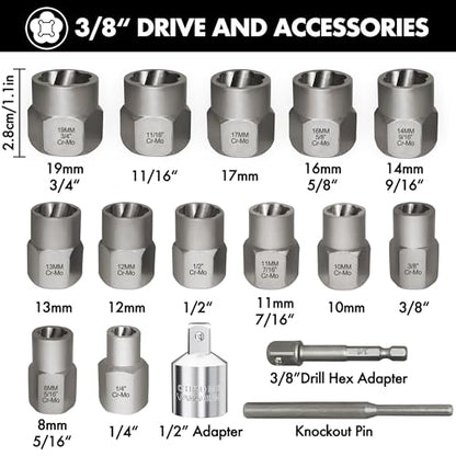 16PCS Bolt Extractor Kit 3/8" Drive Lug Nut Remover Socket Set for Stripped, Damaged Screws, Rounded Bolts and Fasteners (Included 3/8" Hex adapte and 1/2" Adapter) - size: 3/8"