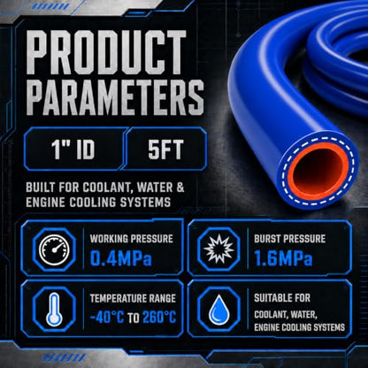 1" ID x 5 FT Silicone Heater Hose, 3-Layer Reinforced, Blue