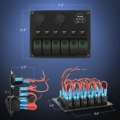 Nilight 6 Gang Rocker Switch Panel On Off Toggle Resettable Circuit Breaker - color: Green