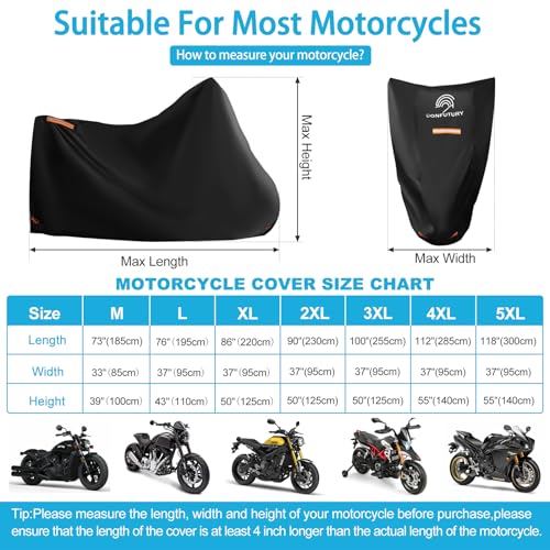 Motorcycle Cover Waterproof Outdoor Storage,600D Heavy Duty Oxford Fabric,4 Reflective Strips,Lock Holes & License Plate Window(L 76"X 37"X 43") - size: L(76"x37"x43")