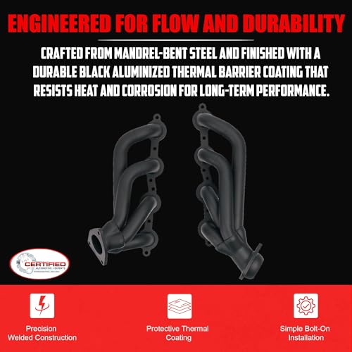 High Temperature Black Coated Exhaust Headers 2002–2013 Silverado Sierra Suburban Tahoe Yukon Escalade 4.8L 5.3L 6.0L 6.2L V8 LS Style Engines Right Side Beveled Flange - size: Black Coated Exhaust Headers
