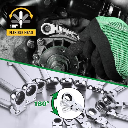 SK Flex Head Ratcheting Wrench Set, SAE 3/8"-3/4", Metric 10-19mm, 14-Piece