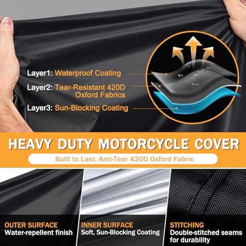 Heavy Duty Motorcycle Cover Waterproof Outdoor Universal Fit up to 92 Inch, All Season Protection for Kawasaki Z650 Ninja ZX-10R, Honda Rebel 500 CBR500R with See-Through License Panel