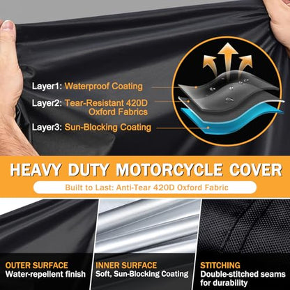 Heavy Duty Motorcycle Cover Waterproof Outdoor, Universal Fit with All Season Protection & Ventilation Vents for Harley Davidson, Indian, BMW Cruiser, Touring, ADV Storage up to 104 Inch
