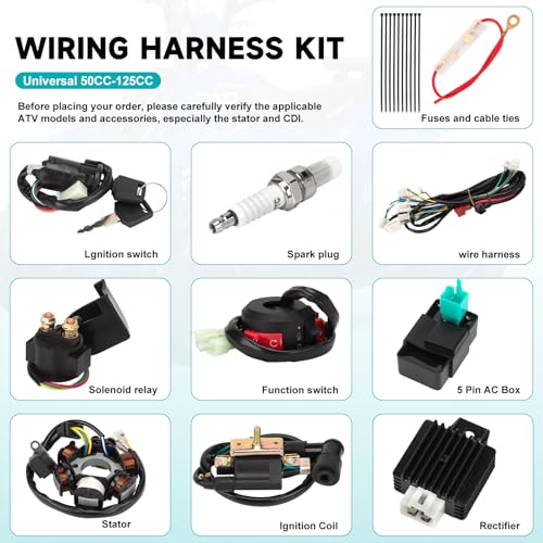 Complete Wiring Harness Kit for Tao tao 50cc 70cc 90cc 110cc 125cc ATV Quad Electric 4 Wheeler Stroke Parts Go Kart with 6-Pole Stator CDI Spark Plug Relay