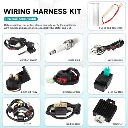 Complete Wiring Harness Kit for Tao tao 50cc 70cc 90cc 110cc 125cc ATV Quad Electric 4 Wheeler Stroke Parts Go Kart with 6-Pole Stator CDI Spark Plug Relay
