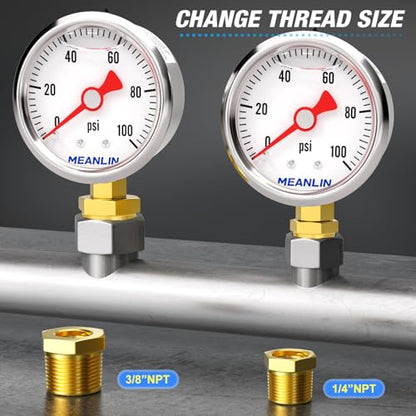 MEANLIN MEASURE 2pcs 0~100Psi Stainless Steel Liquid Filled, 1/8" NPT 1.5" Glycerin Filled Pressure Gauge, Water Oil Air, Lower Mount, with 1/4" NPT and 3/8" NPT Hex Bushing - size: 0-100Psi