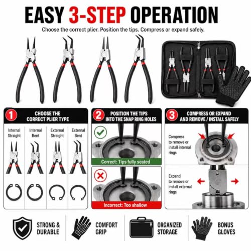 4-Piece Snap Ring Pliers Set, 7" Internal External Circlip Pliers, Straight & 90 Degree, 45# Steel 5/64" Tips for Bearing Transmission Motorcycle Automotive Retaining Ring Removal