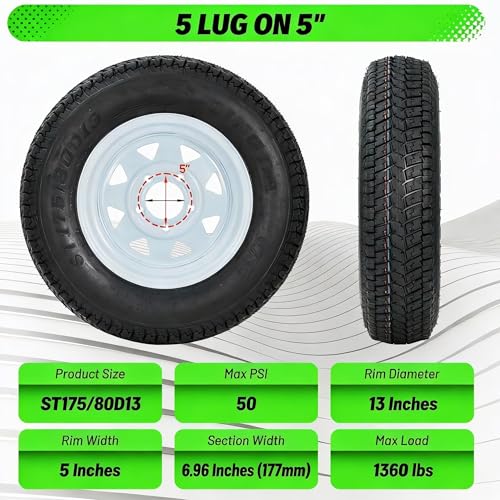 Trailer Tires Rims ST175/80D13 175 80 13 Tire, 5 Lug on 4.5", White Spoke Wheel Load Range C, 6 PLY, Set of 2 - size: ST175/80D13, style: 5 Lug