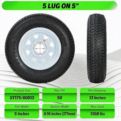 Trailer Tires Rims ST175/80D13 175 80 13 Tire, 5 Lug on 4.5", White Spoke Wheel Load Range C, 6 PLY, Set of 2 - size: ST175/80D13, style: 5 Lug