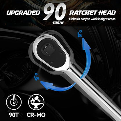DISEN Extra Long Handle 1/2" Drive Ratchet Socket Wrench,90-Tooth Ratchet Wrench with 14" Handle and Dust Proof Teardrop Enclosed Head, Reversible, CR-V Steel Made, CR-MO Head, Gifts for Men - color: 90-t Long Drive Ratchet Set
