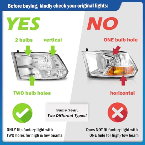 Halogen Headlights W/Bulbs for 2009-2018 Dodge Ram 1500 - color: Chrome Housing | With High & Low Beam Bulbs