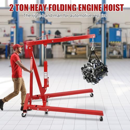 2 Ton Folding Hydraulic Engine Hoist Crane Hoist Lift, Cherry Picker Shop Crane Hoist Lift, 4409lb Engine Hoist, Heavy Duty Folding Shop Crane with 6 Casters (Sent in 2 Packages, Red)