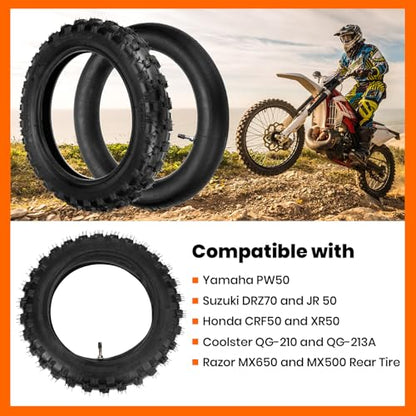 2.5-10" Off-Road Tire and Inner Tube Set - Dirt Bike Tire with 10-Inch Rim and 2.5/2.75-10 Dirt Bike Inner Tube Replacement Compatible with Honda CRF50/XR50, Suzuki DRZ70/JR50, and Yamaha PW50