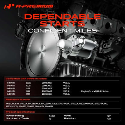 A-Premium Starter Motor, 12V 1.4KW 12 Teeth CW, Compatible with Infiniti