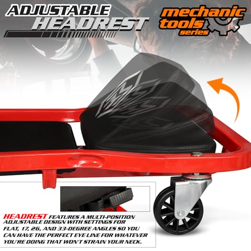 M-AUTO Heavy-Duty Automotive Creeper with 3-leves Adjustable Headrest, 42.5" Padded Metal Frame Creeper with Tools Tray for Garage Shop, 6 Noiseless Casters 300LBS Capacity, Red
