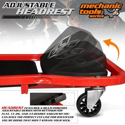 M-AUTO Heavy-Duty Automotive Creeper with 3-leves Adjustable Headrest, 42.5" Padded Metal Frame Creeper with Tools Tray for Garage Shop, 6 Noiseless Casters 300LBS Capacity, Red