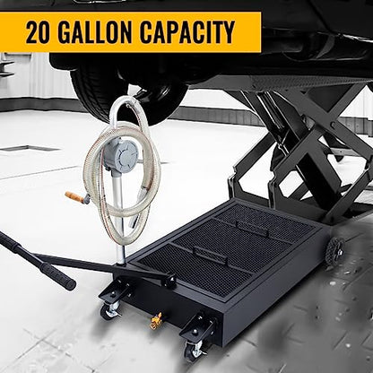 20 Gallon Oil Drain Pan Low Profile Oil Drain Tank Large Capacity Oil Change Pan with Foldable Hand, Pump, Hose, Swivel Casters Wheels Fit for Car, SUV, Trucks Oil Change Black - color: Black, size: 20 Gallon Manual Pump