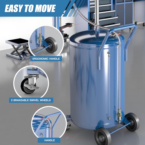 LARBANKE 20 Gallon Waste Oil Drain Tank with Wheels,Air Operated Drainer Oil Change Tank,Oil Drain Container with Adjustable Funnel Height,for Easy Oil Removal,Blue