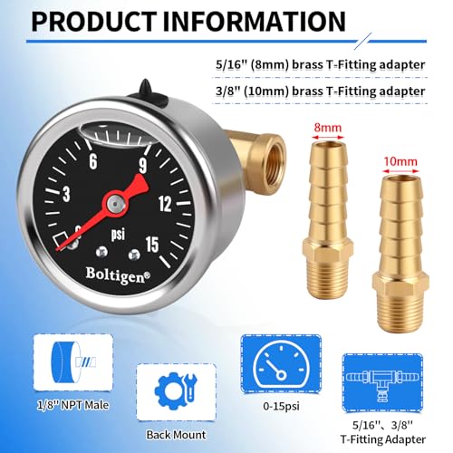 Boltigen Fuel Pressure Gauge, 0-15psi Fuel Pressure Gauge Kit, Glycerin Filled Fuel Pressure Regulator with Gauge for Car, 1/8'' NPT Inline Fuel Pressure Guage with 3/8'' 5/16'' Barb, Black - color: Black