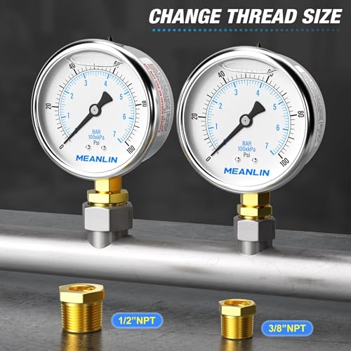 MEANLIN MEASURE 0~100Psi Stainless Steel 1/4" NPT 2.5" FACE DIAL,Liquid Filled Pressure Gauge,WOG Water Oil Air Lower Mount (Pack of 2), with 1/2" NPT and 3/8" NPT Hex Bushing - size: 0-100Psi (2Pcs)