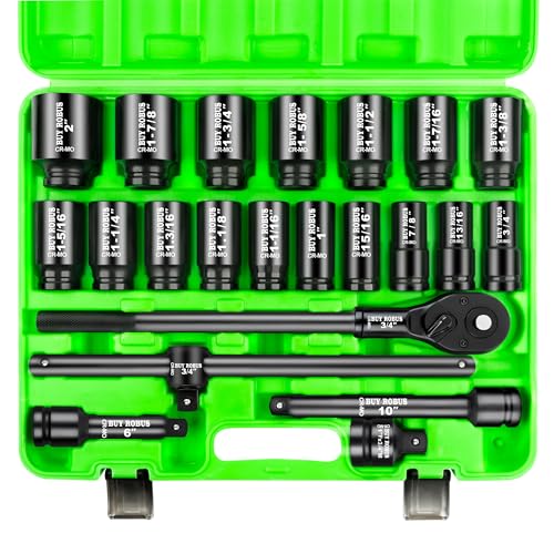 3/4" Impact Socket Set, 22PCS 6-Point SAE (3/4" to 2"), Cr-Mo, with Adapters, Quick Release Ratchet, Extension Bar & Storage Case - color: 3/4''22pcs Sae Socket Set