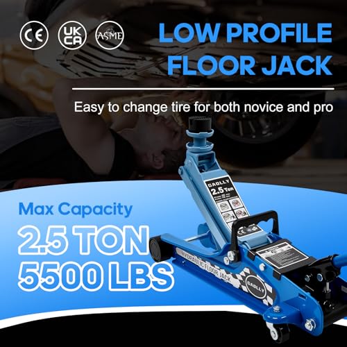2.5 Ton Floor Jack Low Profile, Heavy-Duty Steel Racing with Single Piston Lift Pump, Lifting Range 3.35"-14.96" （Blue）
