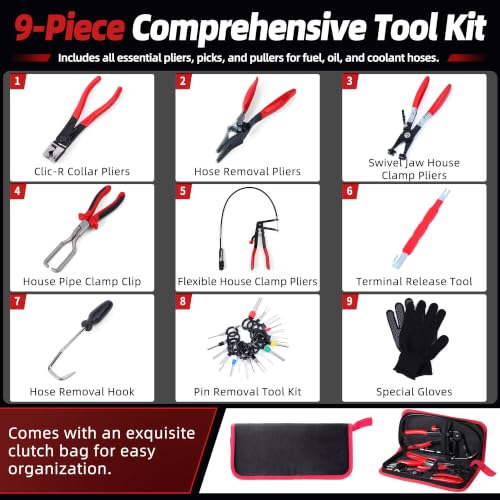 6-Piece Hose Clamp Pliers Set - Automotive Hose Clamp Removal Tool Kit for Coolant, Radiator, Heater & Water Hoses | Flexible Long Reach Flat Band for Car (Red, 6+21PCS Hose Clamp Pliers Set)