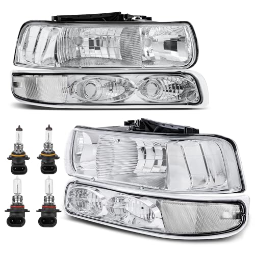 KUIPERAUTO Headlight Assembly Front Lamp Compatible with 1999-2002 Chevrolet Silverado 1500 2500 2000-2006 Suburban 1500 2500 Tahoe Chrome Housing/Clear lens/Clear Corner w/Bulb - color: Chrome/Clear/Clear