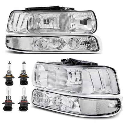 KUIPERAUTO Headlight Assembly Front Lamp Compatible with 1999-2002 Chevrolet Silverado 1500 2500 2000-2006 Suburban 1500 2500 Tahoe Chrome Housing/Clear lens/Clear Corner w/Bulb - color: Chrome/Clear/Clear