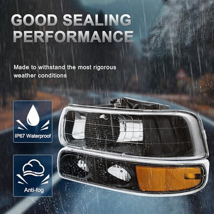 KUIPERAUTO Headlight Assembly Front Lamp Compatible with 1999-2002 Chevrolet Silverado 1500 2500 2000-2006 Suburban 1500 2500 Tahoe Black Housing/Clear lens/Amber Corner w/Bulb - color: Black/Clear/Amber